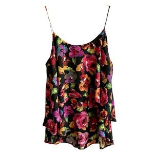 Paper Crane Dark Floral Print Pink Cami Top Size M Tiered Ruffle Blouse Camisole